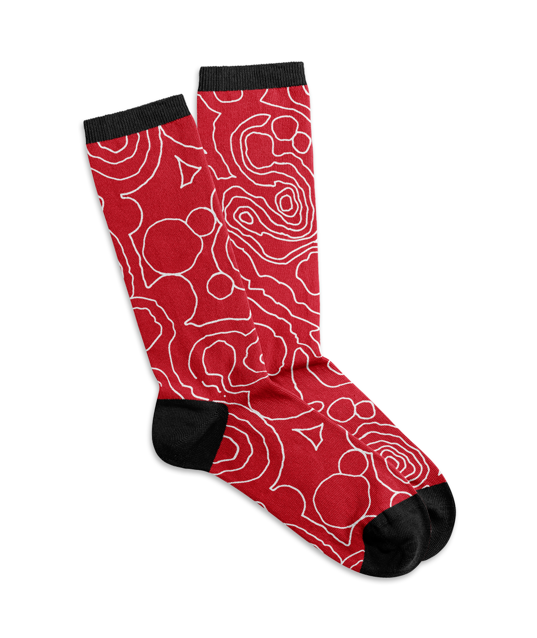 Red socks with white line topographic all over pattern. Cuff, heel, and toe are in black.