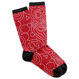 Red socks with white line topographic all over pattern. Cuff, heel, and toe are in black.