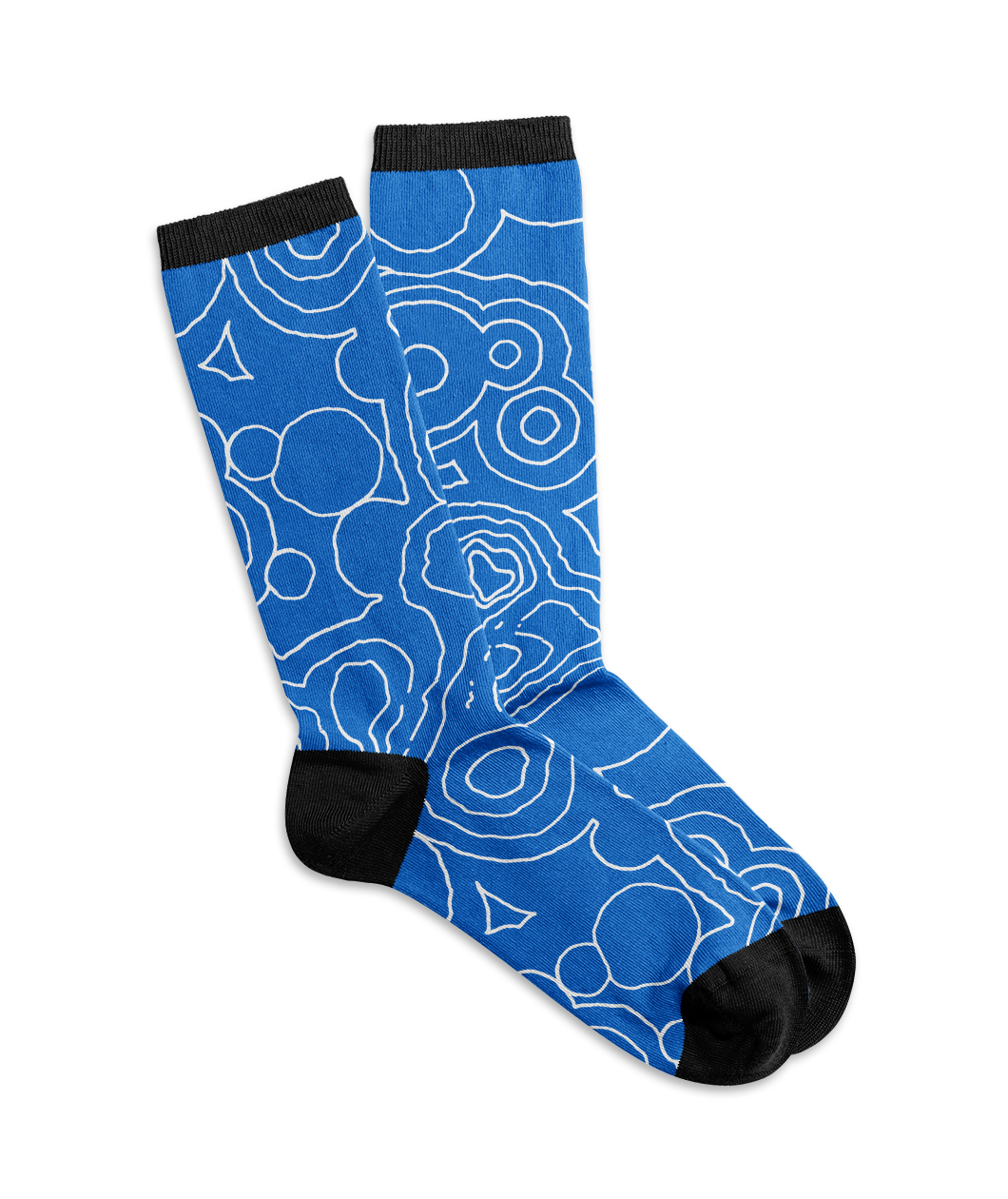 Blue crew socks with white topographic lines woven in and black heels, toes, and a stripe at the top of the socks.