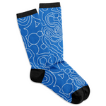 Blue crew socks with white topographic lines woven in and black heels, toes, and a stripe at the top of the socks.
