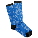 Blue crew socks with white topographic lines woven in and black heels, toes, and a stripe at the top of the socks.