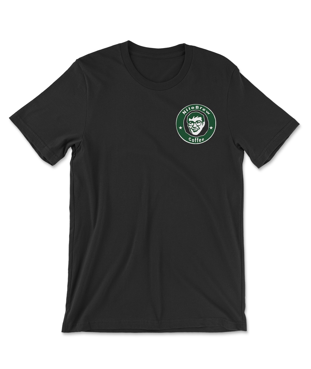 Black t shirt with Nigel's face crudely illustrated on the heart area with a green circle around it looking slightly like the starbucks logo. White text in the circle reads "NileBrew Coffee".