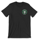 Black t shirt with Nigel's face crudely illustrated on the heart area with a green circle around it looking slightly like the starbucks logo. White text in the circle reads "NileBrew Coffee".