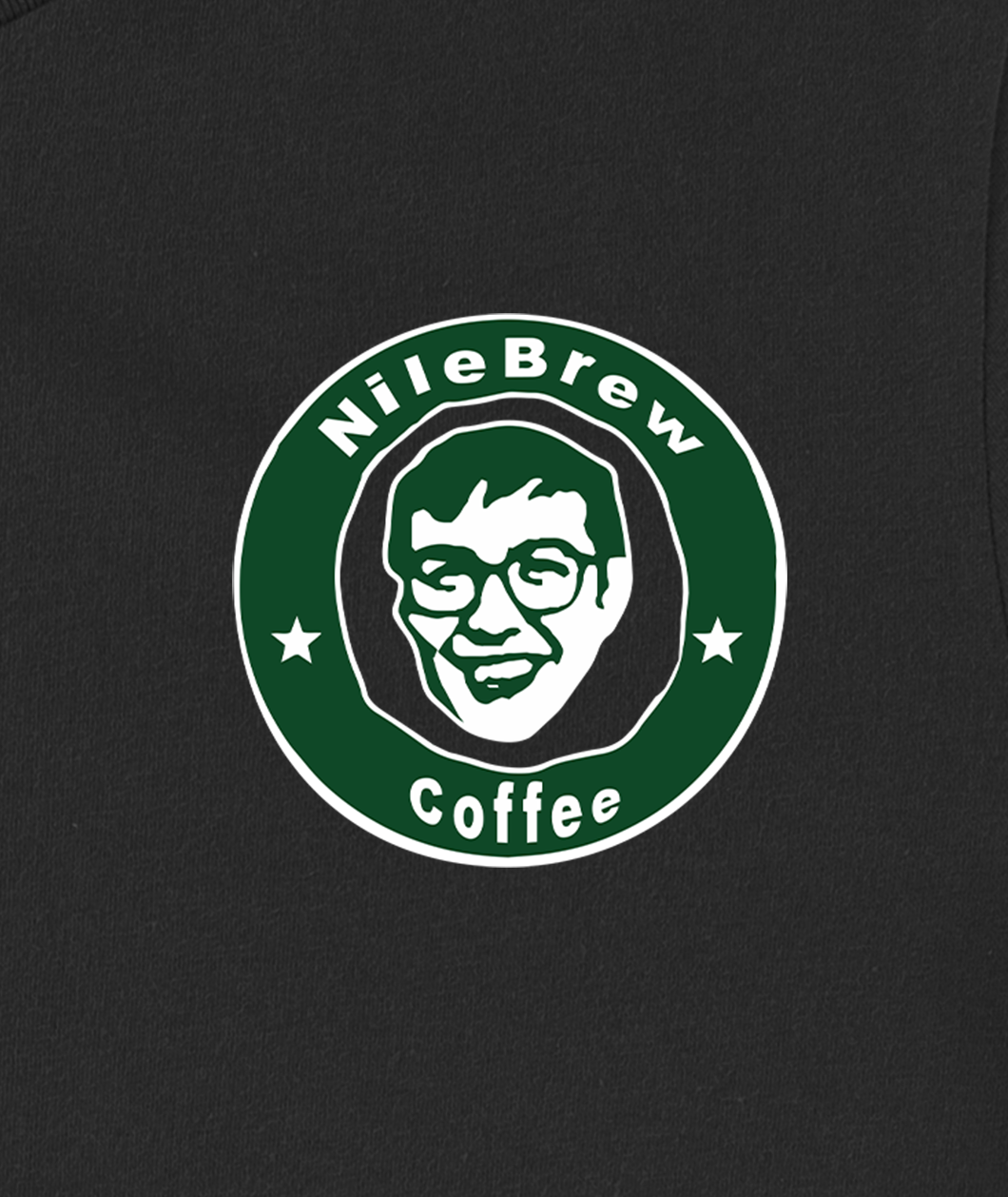 Nigel's face crudely illustrated in white and green surrounded by a green circle making it look slightly like the starbucks logo. White text in the circle reads "NileBrew Coffee".