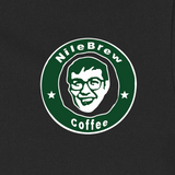 Nigel's face crudely illustrated in white and green surrounded by a green circle making it look slightly like the starbucks logo. White text in the circle reads "NileBrew Coffee".