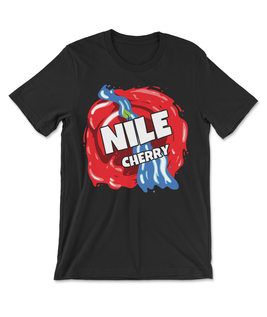 Black t-shirt with full color illustration depicting a red swirl with blue gush running through the center on a slight diagonal. The words "NILE CHERRY" are in white bold all caps font in the center of the shirt with a green flame coming out of the 'I' in Nile.