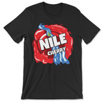 Black t-shirt with full color illustration depicting a red swirl with blue gush running through the center on a slight diagonal. The words "NILE CHERRY" are in white bold all caps font in the center of the shirt with a green flame coming out of the 'I' in Nile.