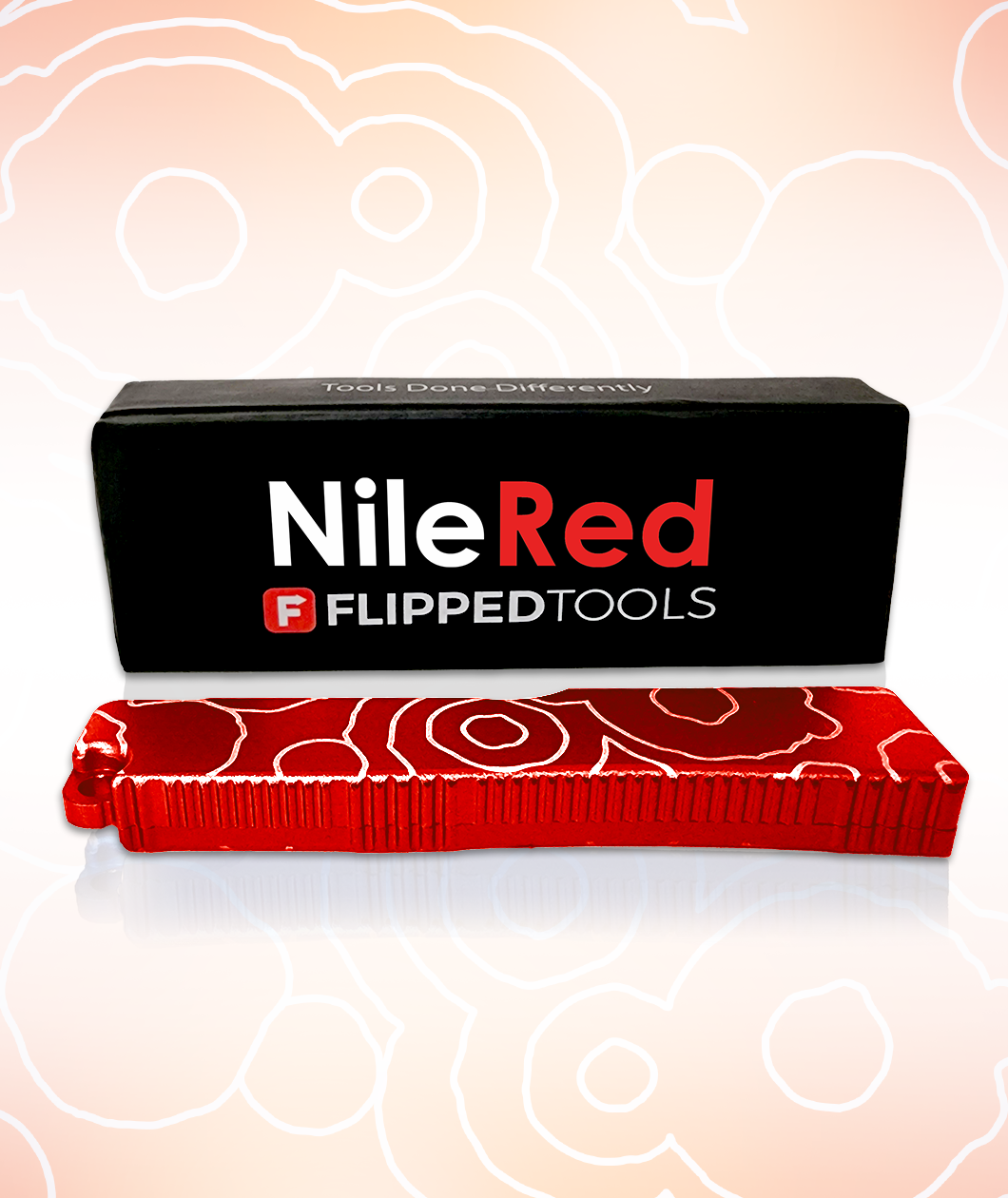 Packaging mockup for a red bottle opener. The packaging reads "Nile Red; Flipped Tools"