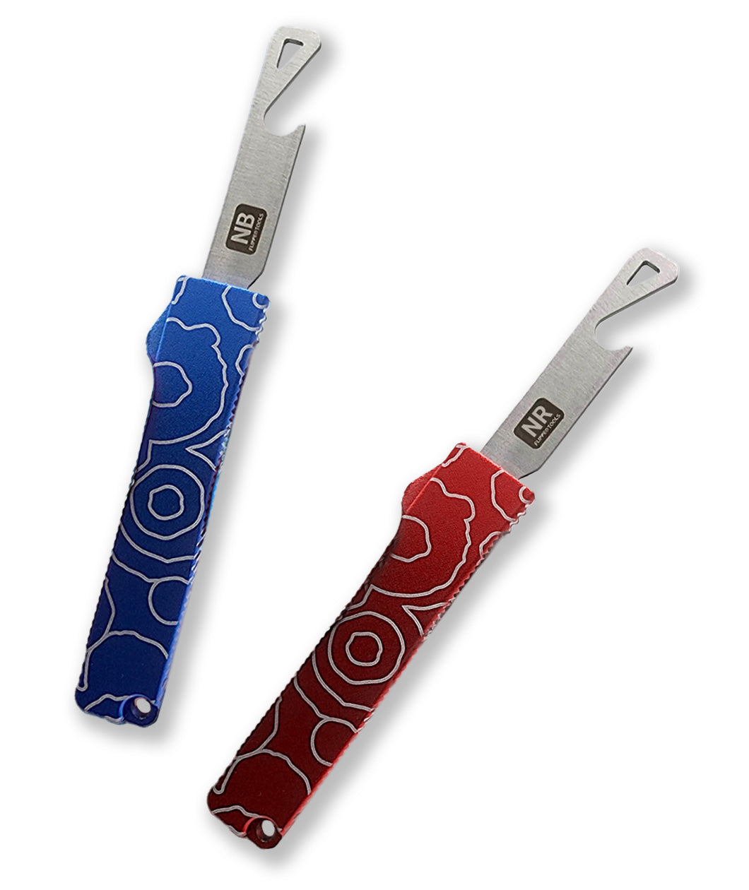 A photo of two bottle openers, one with a blue handle and an engraved "NB" logo, the other with a red handle and an engraved "NR" logo.
