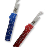 A photo of two bottle openers, one with a blue handle and an engraved "NB" logo, the other with a red handle and an engraved "NR" logo.
