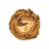 A pin of different shades of brown swirling around a coffee cup with a Youtube play button on the front.