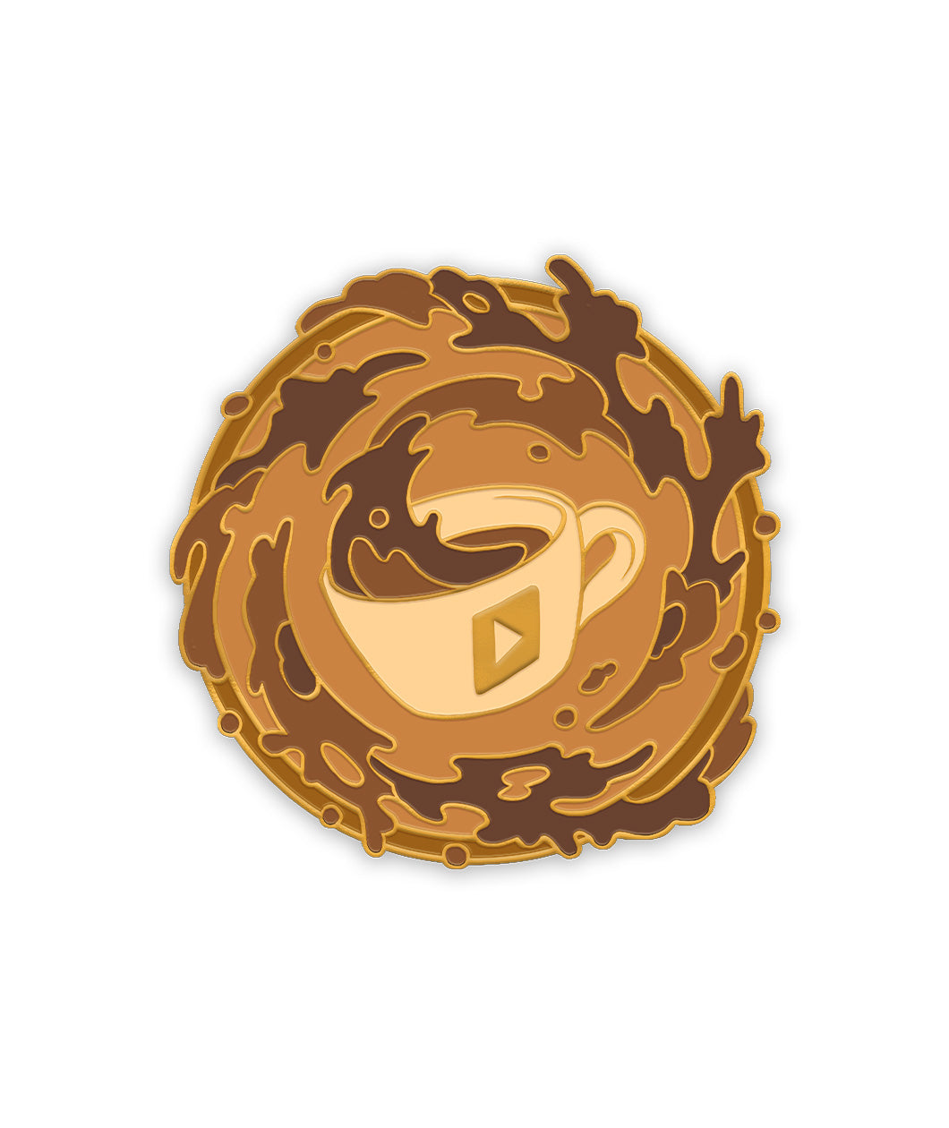 A pin of different shades of brown swirling around a coffee cup with a Youtube play button on the front. 