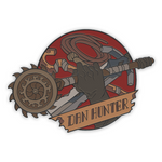 A pin of a hand holding a bar with a blade on the end with the text "Dan Hunter". From Playframe.