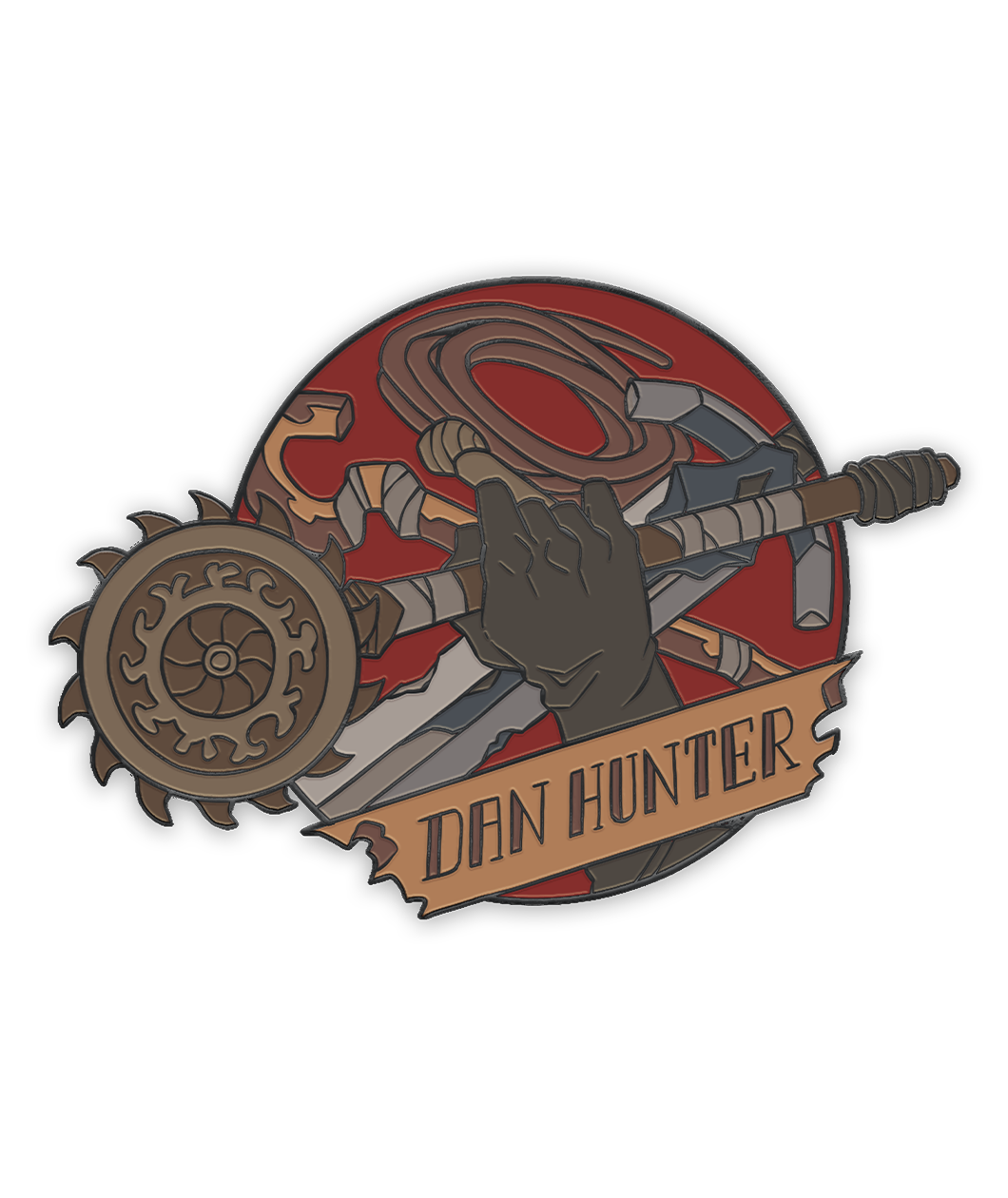 A pin of a hand holding a bar with a blade on the end with the text "Dan Hunter". From Playframe.