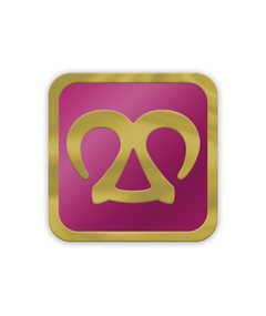 The Snack Mage pin from PlayFrame is a square pin with rounded edges. The outline is gold with the interior pink and a gold design in the middle.