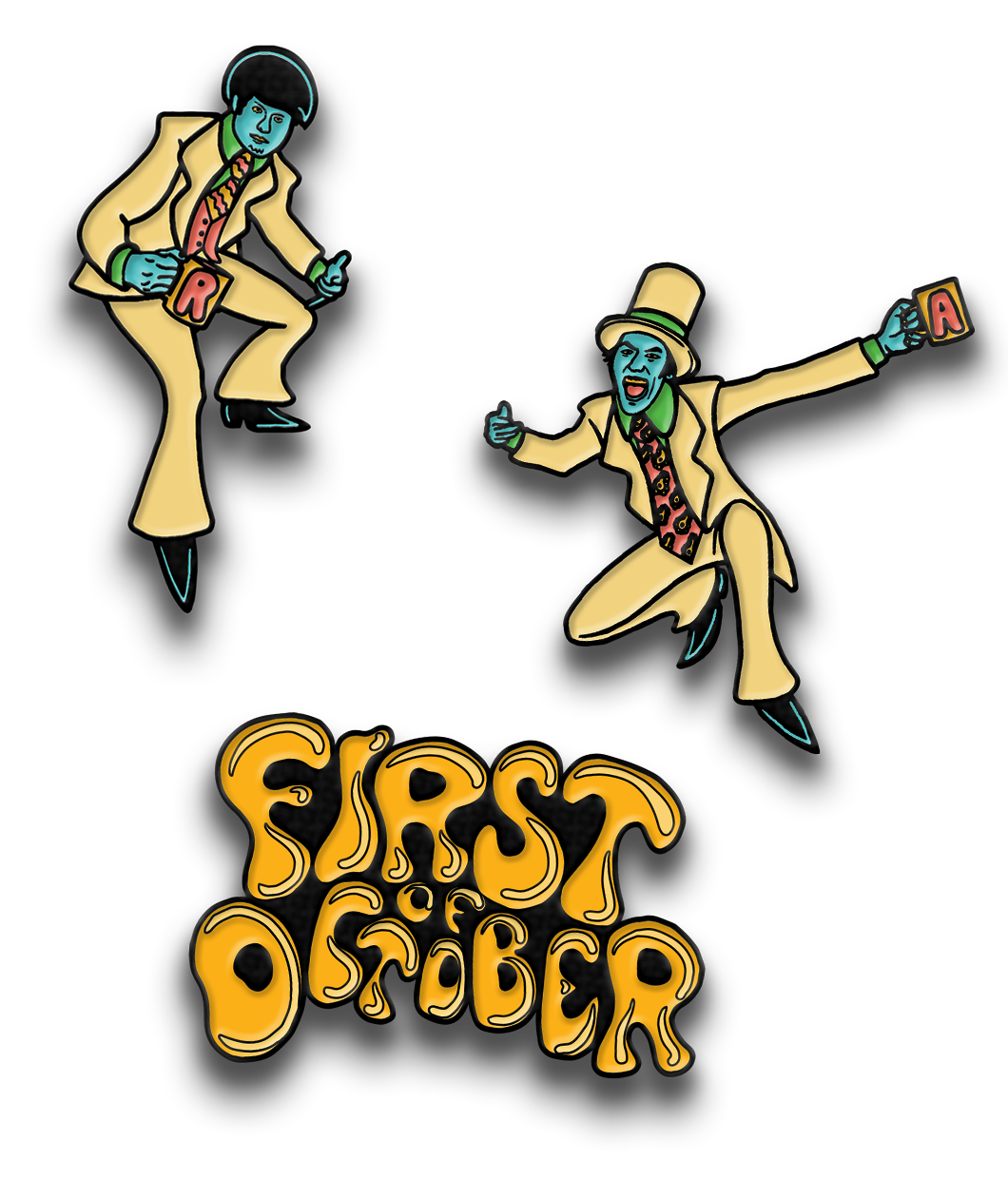 Three enamel pins, one that reads "First of October" in bubbly letters, one of a person wearing a suit and holding a cup with an "R" on it and one of a person in a suit with a top hat holding a cup with an "A" on it. 