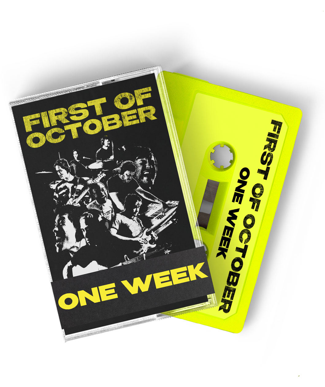 A digital mockup of a Cassette Tape and case. The case features a black and white collaged design of Rob Scallon and Andrew Huang playing various instruments and reads "First of October" with a paper strip around the bottom that reads "One Week." The cassette tape is bright yellow and reads "First of October: One Week" in black.