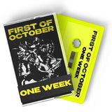 A digital mockup of a Cassette Tape and case. The case features a black and white collaged design of Rob Scallon and Andrew Huang playing various instruments and reads "First of October" with a paper strip around the bottom that reads "One Week." The cassette tape is bright yellow and reads "First of October: One Week" in black.