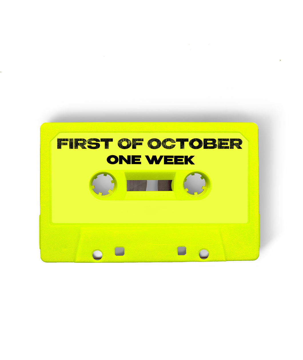 A digital mockup of a cassette tape. The cassette is bright yellow and reads "First of October: One Week" in black.