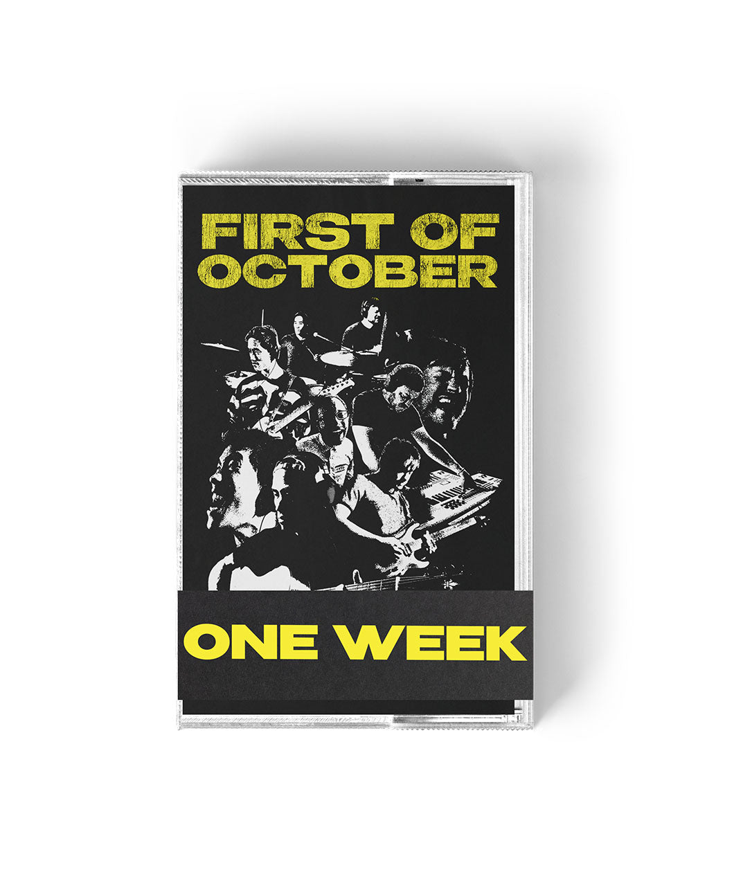 A digital mockup of a Cassette case. The case features a black and white collaged design of Rob Scallon and Andrew Huang playing various instruments and reads "First of October" with a paper strip around the bottom that reads "One Week." 