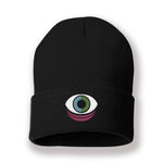 A black beanie with Secret Sleepover Society’s logo of an eye embroidered on the cuff. From Secret Sleepover Society.