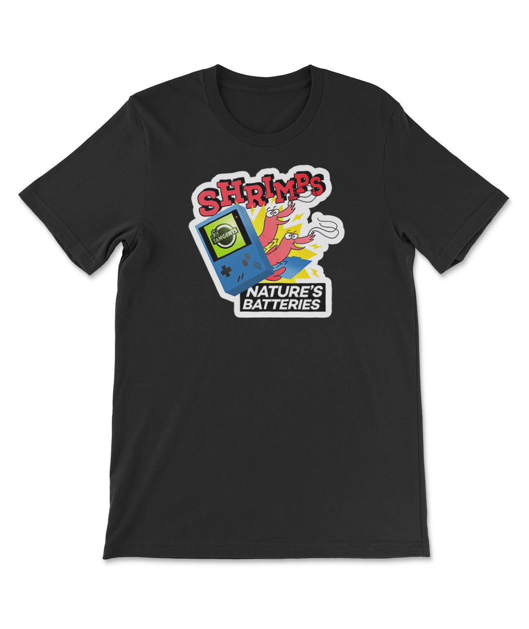  A black t-shirt with a print on the front of a MP3 player with the Scishow Tangents podcast playing and two shrimp popping out behind it. The text on the shirt reads 
