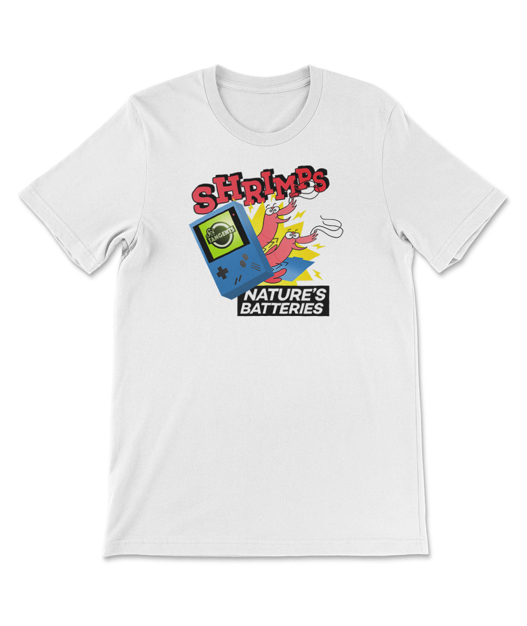  A white t-shirt with a print on the front of a MP3 player with the Scishow Tangents podcast playing and two shrimp popping out behind it. The text on the shirt reads "Shrimps; Nature's Batteries". 