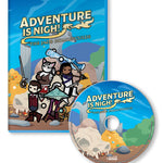 A digital mockup of a Bluray case and 2 discs for Adventure is Nigh!: The Jade Homunculus featuring illustration of the campaign environments and characters.