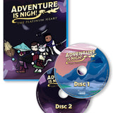 A digital mockup of a Bluray case and 2 discs for Adventure is Nigh!: The Platinum Heart featuring illustration of the campaign environments and characters.