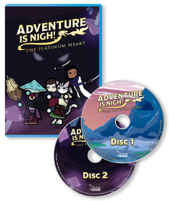 A digital mockup of a Bluray case and 2 discs for Adventure is Nigh!: The Platinum Heart featuring illustration of the campaign environments and characters.