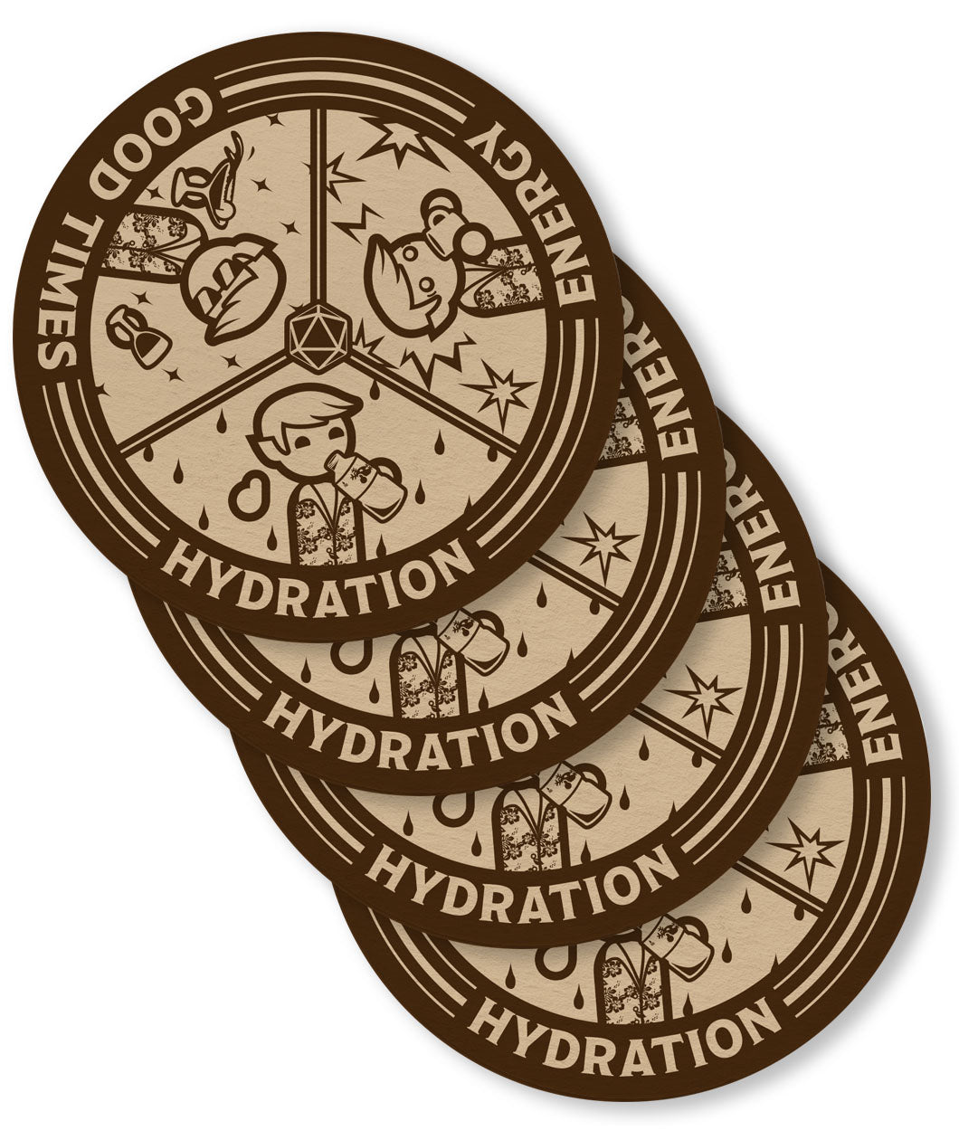 A digital mockup of a set of 4 coaters. They feature brown and tan illustrations of 3 different beverage enjoyment options, labeled Hydration, Energy, and Good Times.