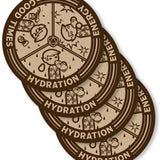 A digital mockup of a set of 4 coaters. They feature brown and tan illustrations of 3 different beverage enjoyment options, labeled Hydration, Energy, and Good Times.