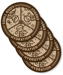 A digital mockup of a set of 4 coaters. They feature brown and tan illustrations of 3 different beverage enjoyment options, labeled Hydration, Energy, and Good Times.