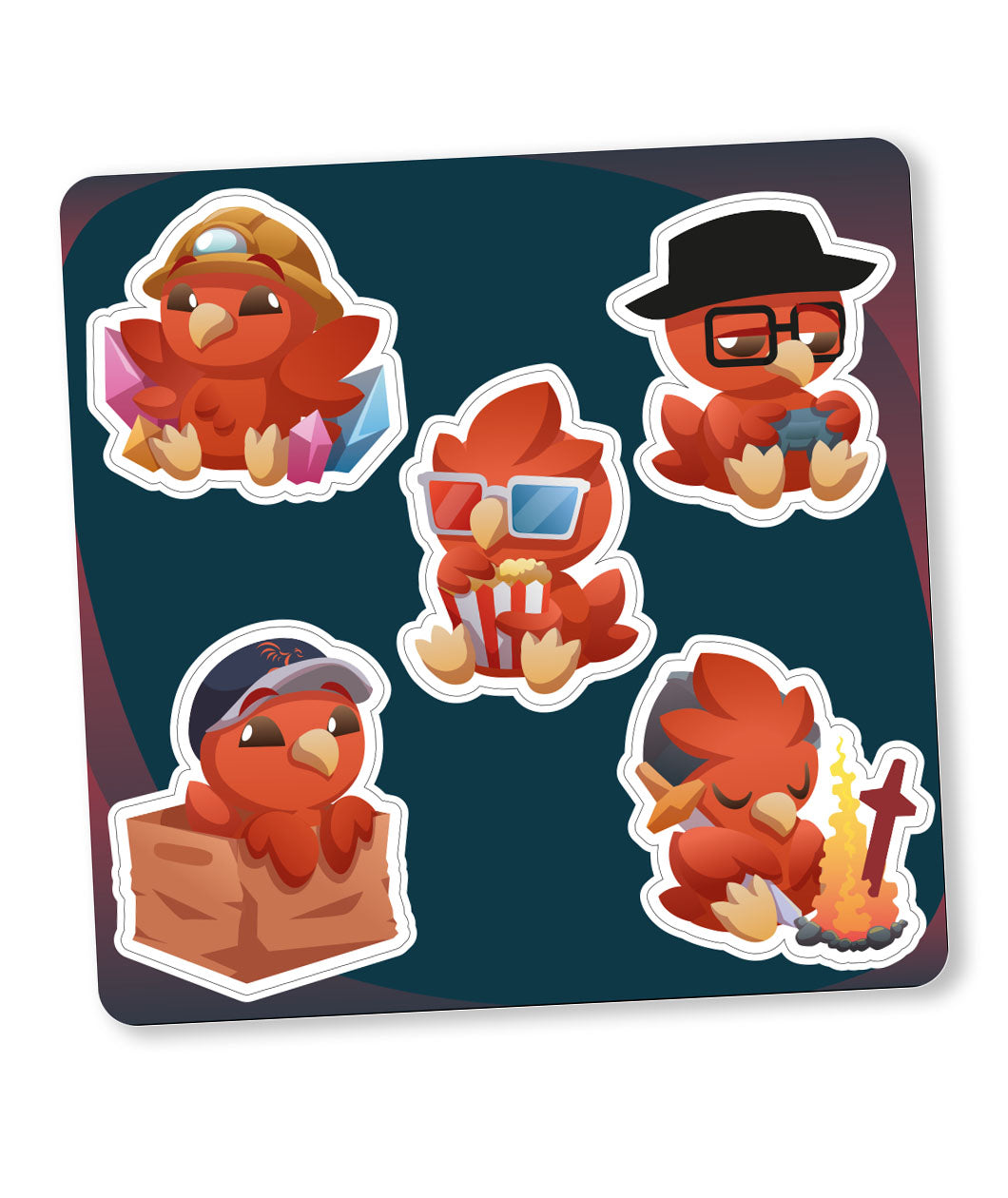 A digital mockup of a sticker sheet featuring a cute phoenix character in various situations dressed up as the hosts of Second Wind shows.