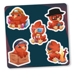 A digital mockup of a sticker sheet featuring a cute phoenix character in various situations dressed up as the hosts of Second Wind shows.