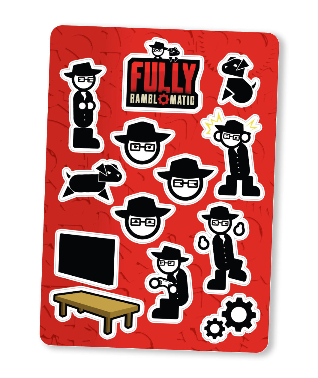 A digital mockup of a sticker sheet featuring various designs of Yahtzee Croshaw and a small black dog as they appear on the Second Wind show Fully Ramblomatic