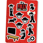 A digital mockup of a sticker sheet featuring various designs of Yahtzee Croshaw and a small black dog as they appear on the Second Wind show Fully Ramblomatic