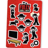 A digital mockup of a sticker sheet featuring various designs of Yahtzee Croshaw and a small black dog as they appear on the Second Wind show Fully Ramblomatic