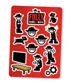 A digital mockup of a sticker sheet featuring various designs of Yahtzee Croshaw and a small black dog as they appear on the Second Wind show Fully Ramblomatic