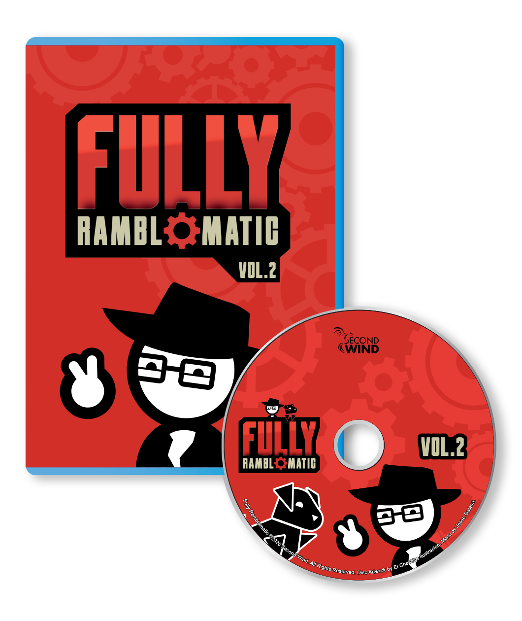 A bluray mockup with a red design featuring a cartoon man and dog with the label "Fully Ramblomatic Vol. 2"