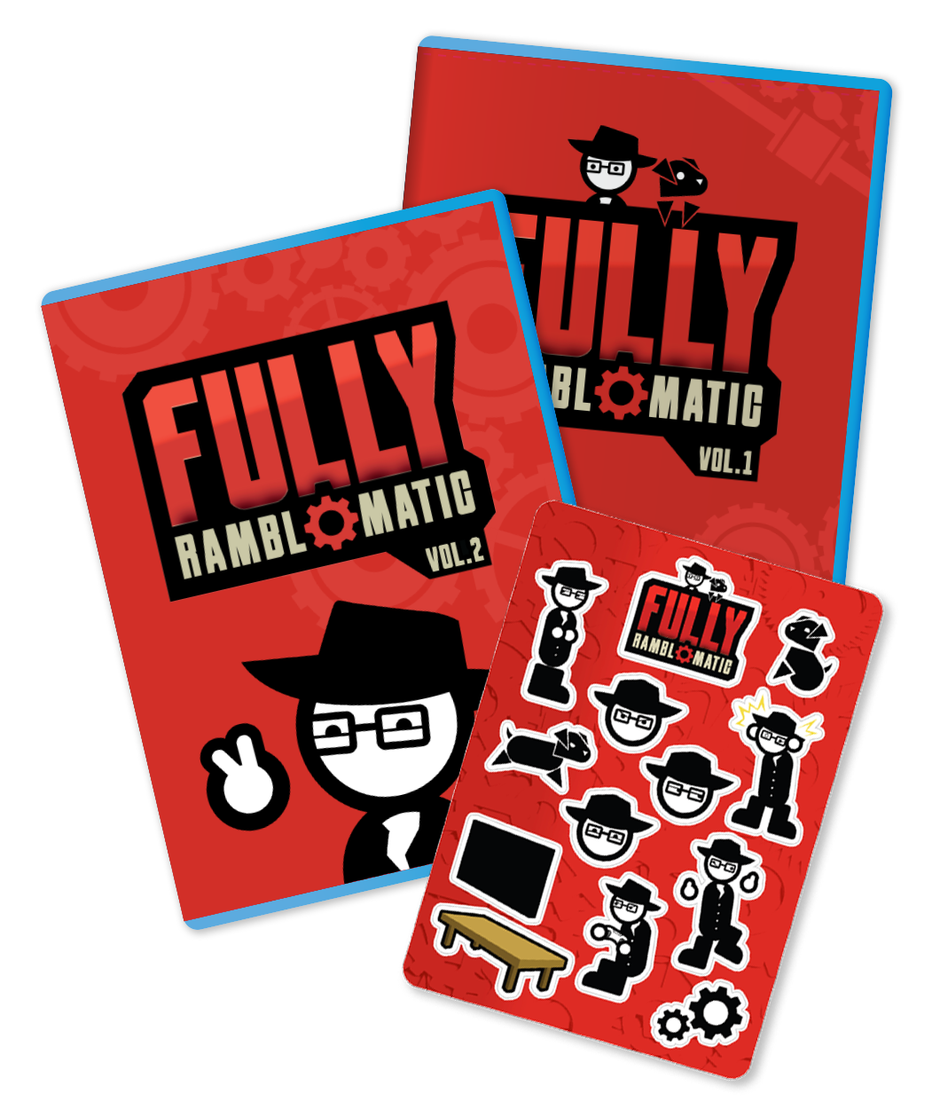 A digital mockup of 2 blu-rays and 1 sticker sheet, all featuring red designs with a cartoon man and dog and the text "Fully Ramblomatic"