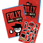 A digital mockup of 2 blu-rays and 1 sticker sheet, all featuring red designs with a cartoon man and dog and the text "Fully Ramblomatic"