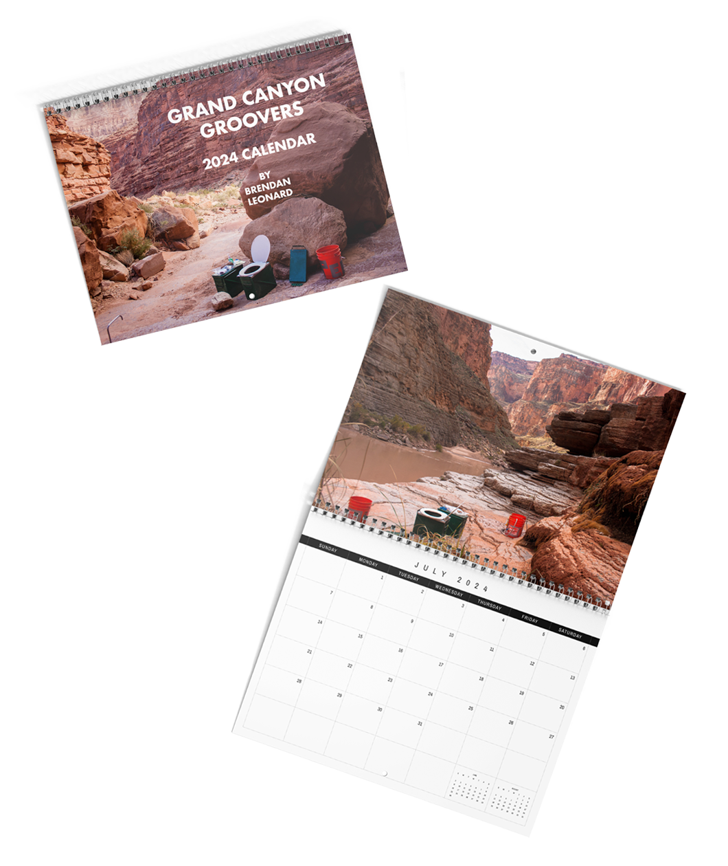 The over of the Grand Canyon Groovers 2024 Calendar by Brendan Leonard. The calendar is open to July showing canyon scenery and a groover. 