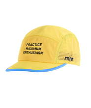 A yellow running hat with a blue line around the rim. There is black text on the front that says "Practice Maximum Enthusiasm". From Semi Rad.