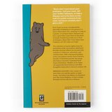 The back of a book with small text describing the book and a bear on the left hand side climbing a tree.