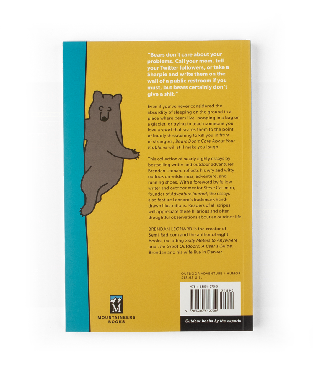 The back of a book with small text describing the book and a bear on the left hand side climbing a tree.