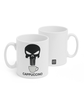 Two white mugs sitting next to each other showing two sides of the same mug. The front side has text that reads "Cappuccino" in black, caps lettering with the drawing of a mug and a skull above it. On the back of the mug is a small black square with the words "Semi Rad".