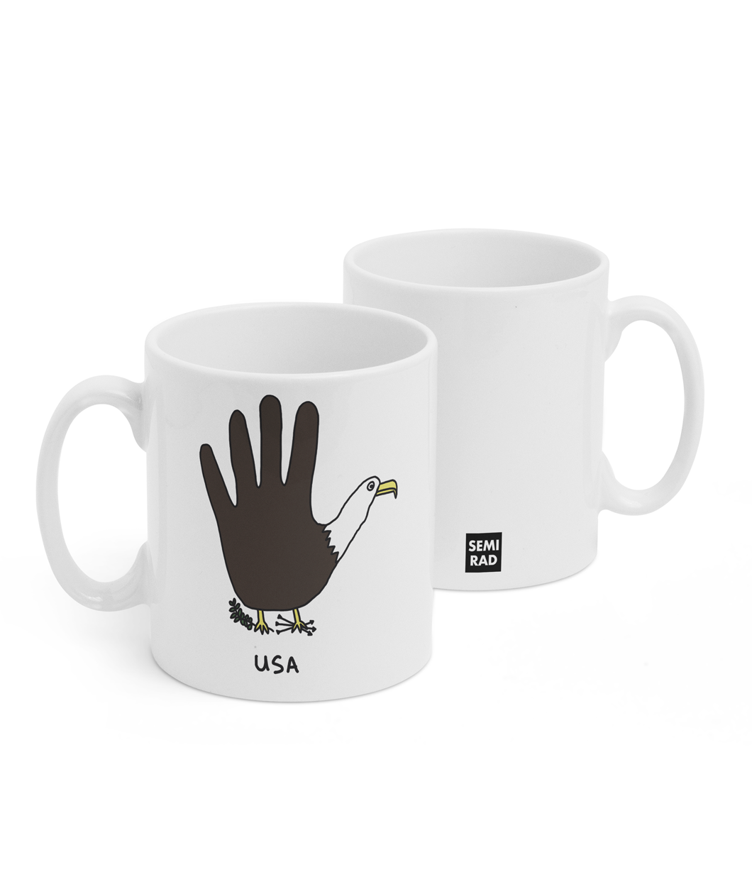 Two white mugs sitting next to each other showing two sides of the same mug. The front side has an illustration of an outline hand that makes a bald eagle with the letters 