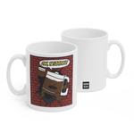 Two white mugs sitting next to each other showing two sides of the same mug. The front side has an illustration of a red, brick wall with a coffee pot with a face, holding a coffee mug breaking through with a speech bubble that says "Oh, yeaahh!" . On the back of the mug is a small black square with the words "Semi Rad".