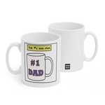 Two white mugs sitting next to each other showing two sides of the same mug. The front side has a drawing of a mug with "#1 Dad" written on it with a label above that says "The #1 dad mug". On the back of the mug is a small black square with the words "Semi Rad".